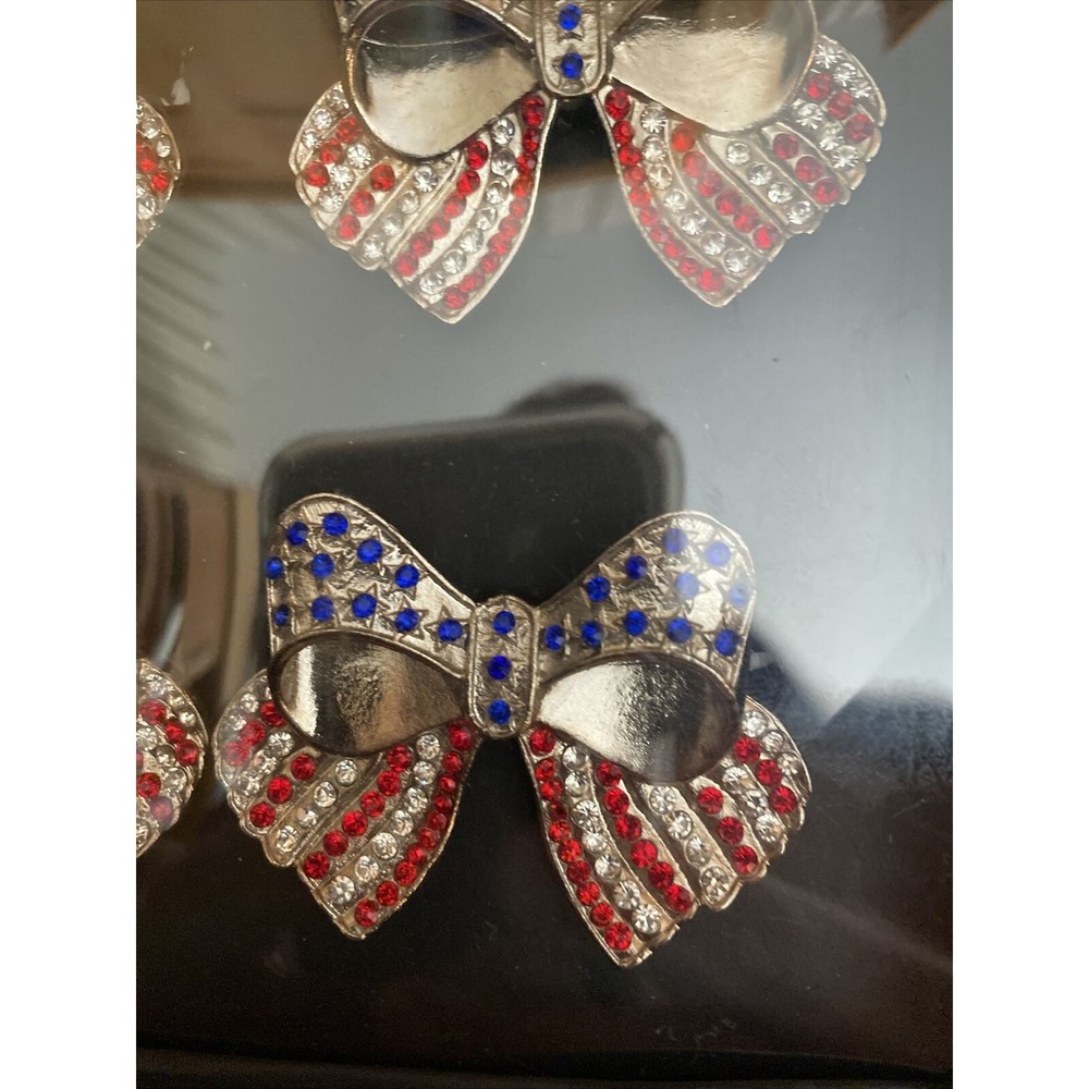 Red White Blue July 4th Silver Patriotic Ribbon Rhinestone Napkin Rings Set of 4 - Picture 3 of 3